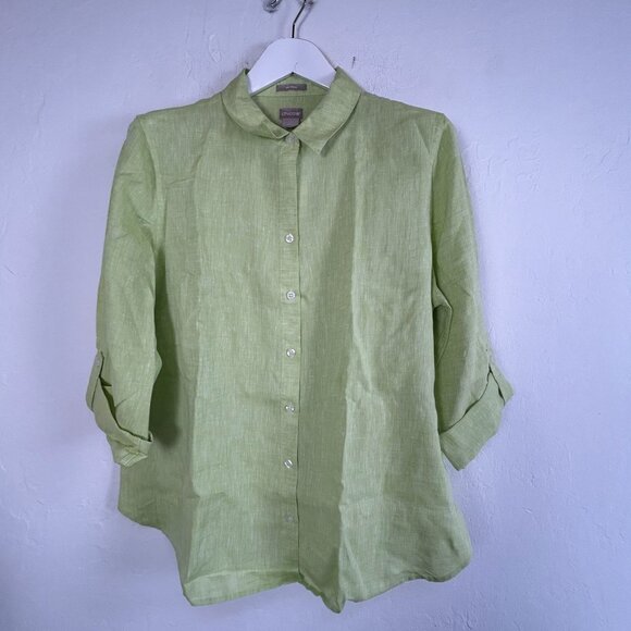 Chico's Womens Lime No-Iron Linen Roll-Tab Sleeve Button-Up Shirt Size 3 New $89 - Picture 1 of 7